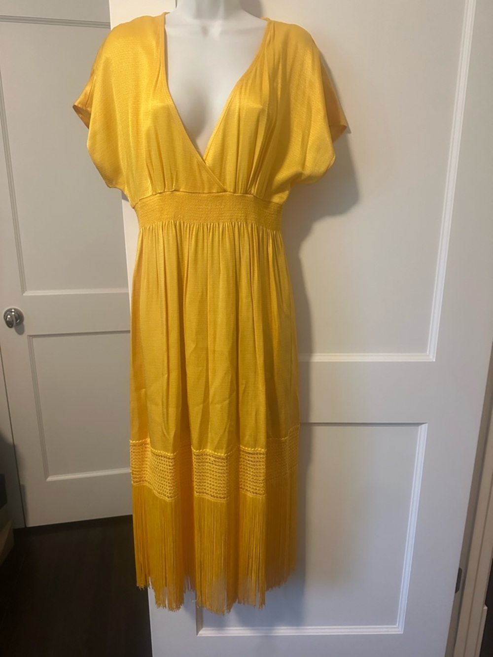 Trina Turk Golden Yellow V‑Neck Fringe Midi Dress
